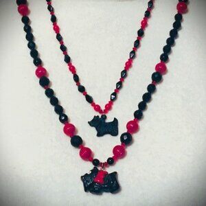 2  Scottie Dog 1940s/1950s Necklaces Strung on Red Lucite & Black Faceted Beads